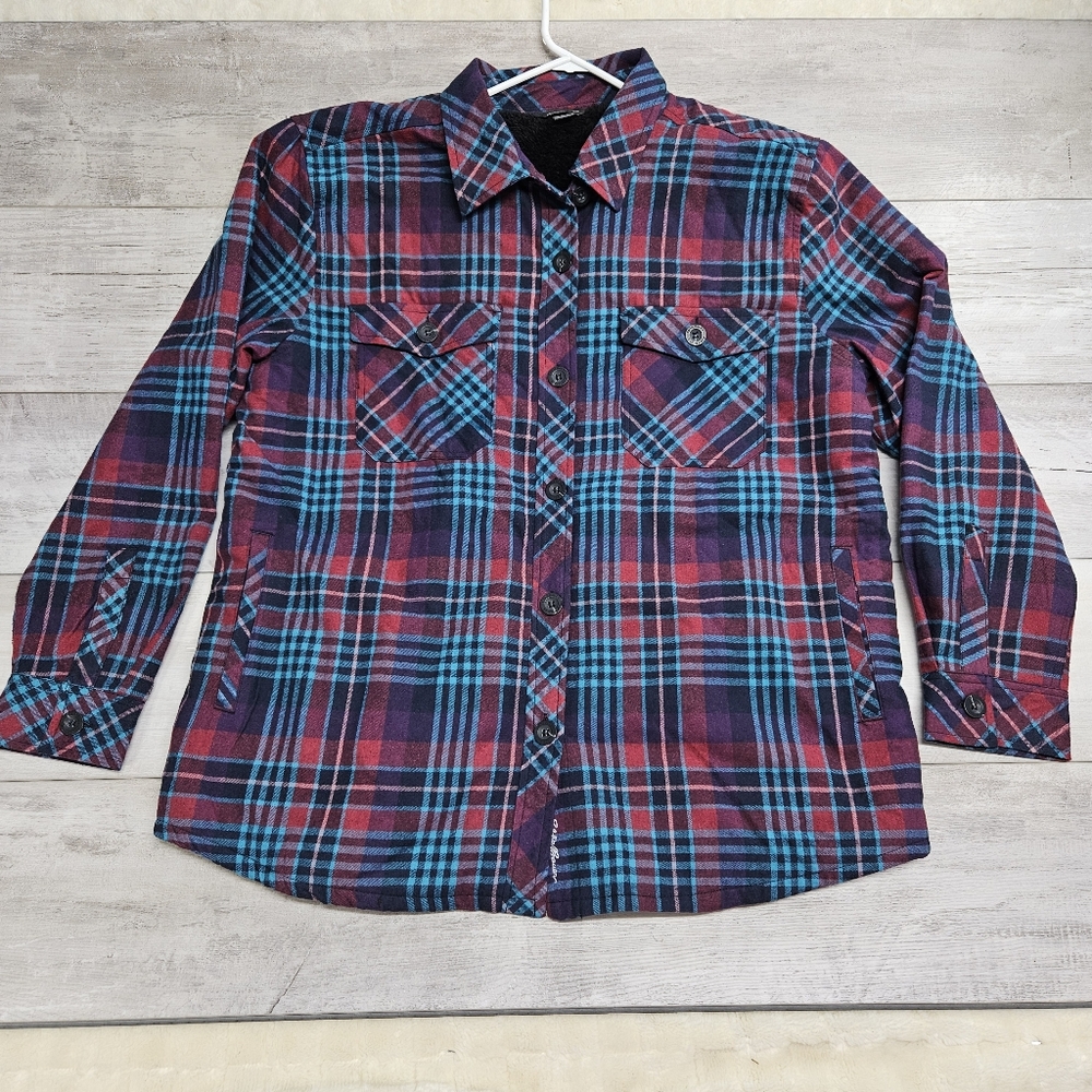Eddie Bauer Fleece Lined Flannel Plaid Shirt Shacket Size XL Barn Country Ranch